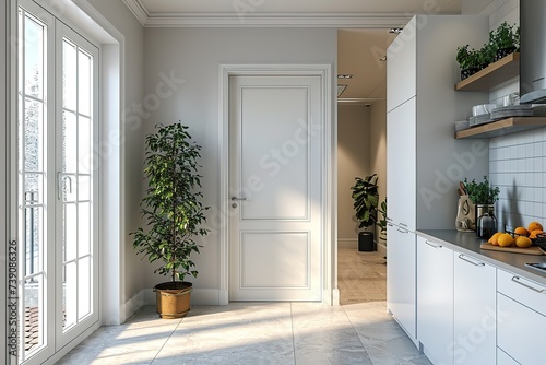 banner of a stylish kitchen interior with open door into the hallway and grey interior