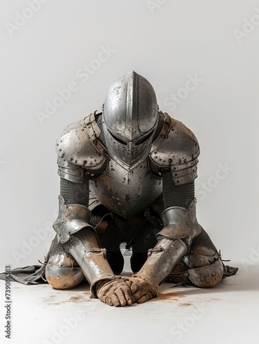 A knight in armor with a shield and sword. A stoic knight stands tall, his glistening armor a symbol of bravery and protection, as he guards a statue of valor in a display of timeless art