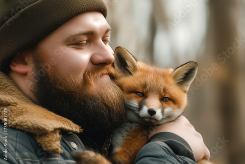 obese bearded man gently hugs the little fox to him. people and animals. animal protection. wildlife. copy space.