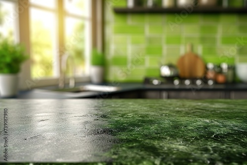 Countertop with green vintage kitchen furniture in blurred background