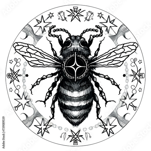 A tattoo design for a Bee illustration with viking design with the aries star sigh incorporated into the design. Generative AI
