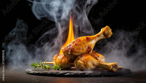 Chicken meat with smoke and flame, closeup; barbecue concept chicken fresh raw cut Generated AI