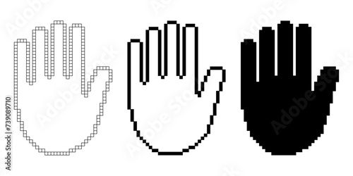 pixel art palm hand icon set isolated on white background
