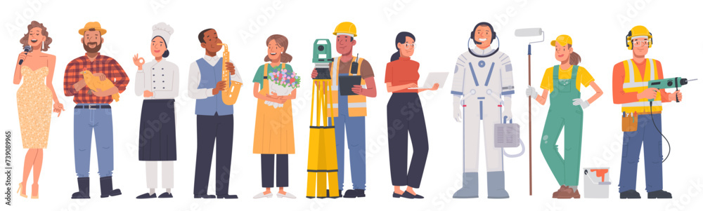 Set of characters of different professions. Men and women in uniform, professional activities Set of characters of different professions. Men and women in uniform, professional activities