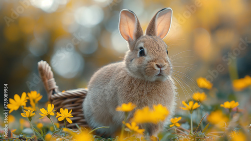 cute easter bunny with small basket in the grass