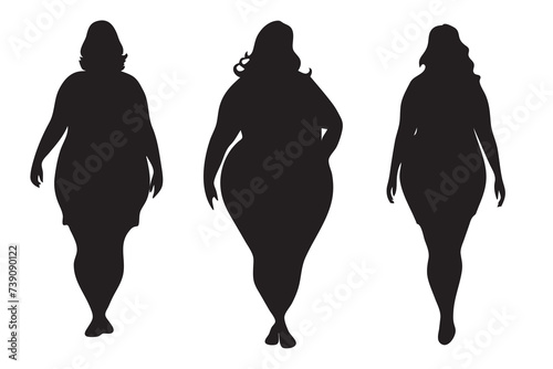 Fat woman vector silhouette on a white background. Fat girl in different poses.