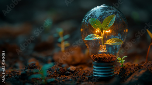 the earth planet in light bulb on the plant for save, environmentally concept