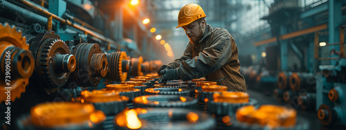 Heavy industry. A engineer holding a bolt with industrial background