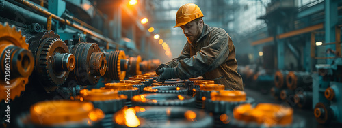 Heavy industry. A engineer holding a bolt with industrial background photo