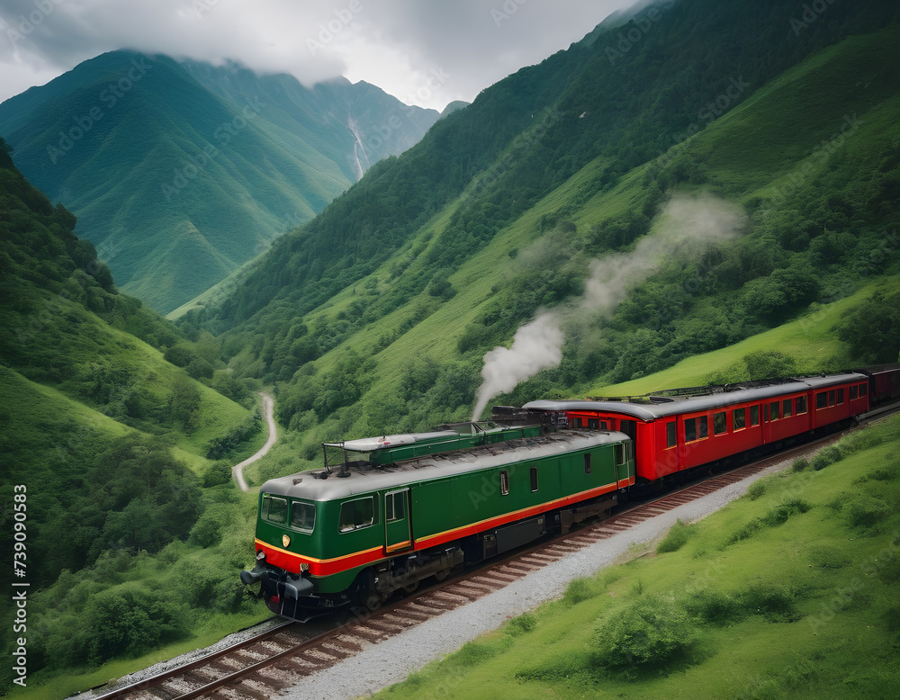 green and red train in the mountains train