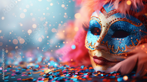 A Mask and abstract backdrop consisting of bird feathers and confetti © Creative-Touch
