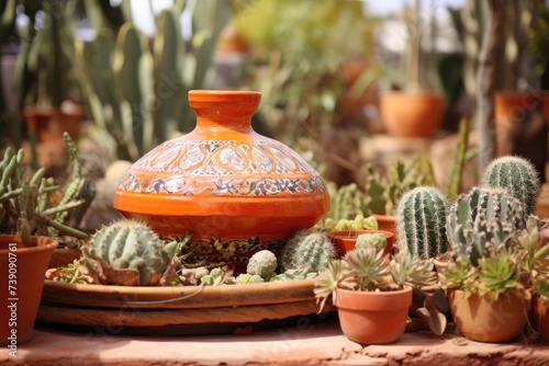 Moroccan tagine amidst cacti and succulents in a Marrakech garden.