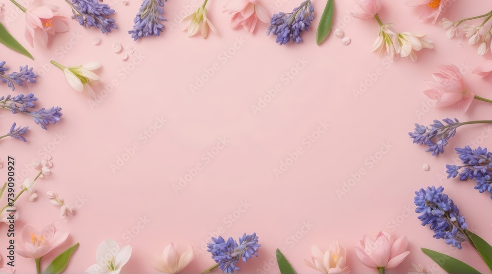 pink background. pastel colour. With copy space. Spring flowers, small flowers, petals, spring theme. Muscari, lotus and other small spring flowers. Planar arrangement. Spring floral background, textu