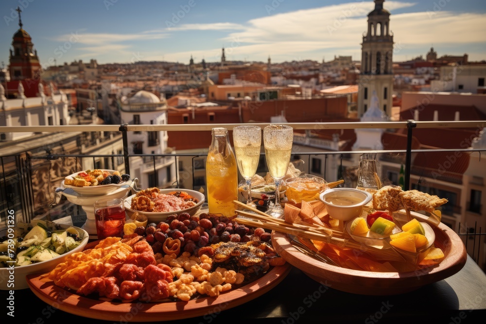 Spanish tapas on a balcony overlooking a bustling square in Madrid.