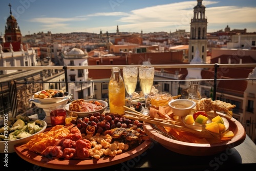 Spanish tapas on a balcony overlooking a bustling square in Madrid.