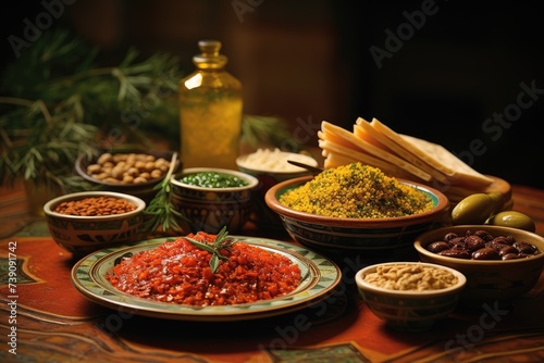 Lebanese mezze served on a mosaic table with olive trees in Beirut.