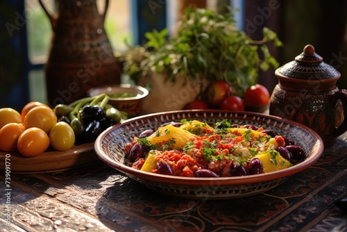 Lebanese mezze served on a mosaic table with olive trees in Beirut.