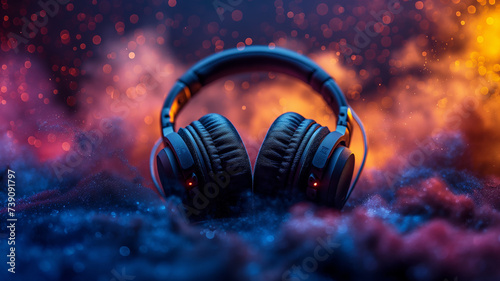 headphones and multicolor background
