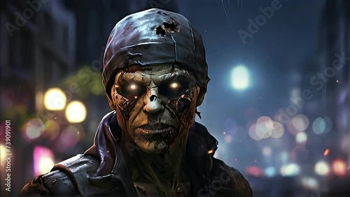 A close-up of a zombie in the city. The atmosphere of the zombie apocalypse that destroyed the city. Sci-fi horror background. Motion animated photo