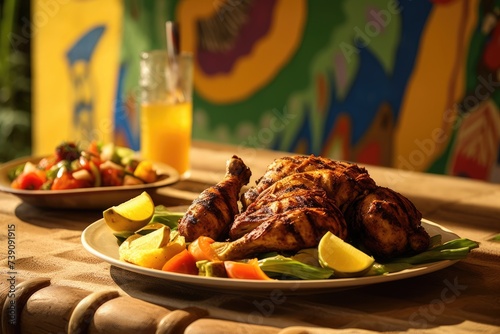 Jamaican jerk chicken on a tropical terrace with reggae-inspired decor. photo