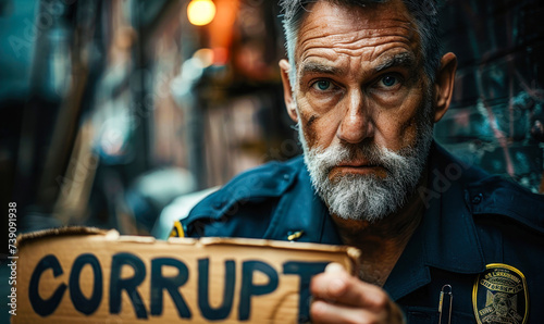 Stern faced police officer in uniform, symbolically holding a sign stating Corrupt, representing issues of law enforcement corruption and the need for accountability and justice