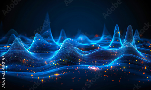 Futuristic blue sound wave visualization depicting an equalizer's dynamic rhythm, perfect for representing voice recognition and audio technology concepts photo
