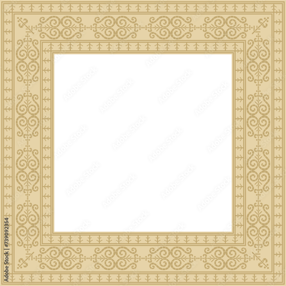 Vector gold square Yakut ornament. An endless rectangular border, a frame of the northern peoples of the Far East.