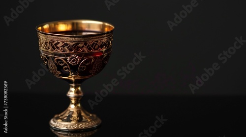 An ornate wine cup used in the Kiddush ceremony at the beginning of the holiday, filled with red wine. black background