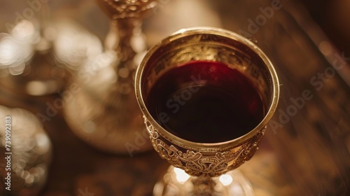 An ornate wine cup used in the Kiddush ceremony at the beginning of the holiday, filled with red wine.  photo