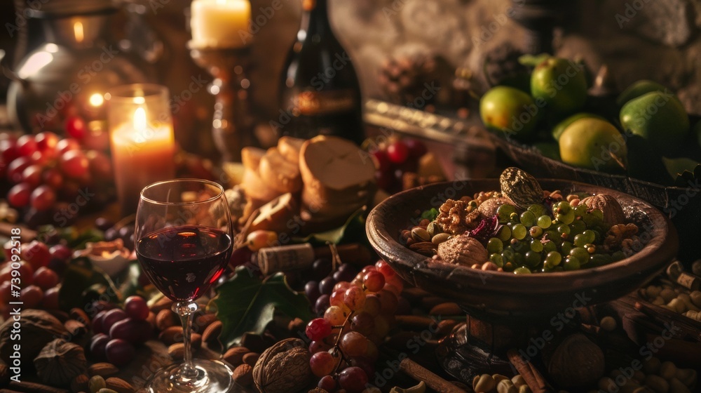 Naklejka premium Delicious Jewish food on the table, celebrating Passover. Religious food of Judaism.