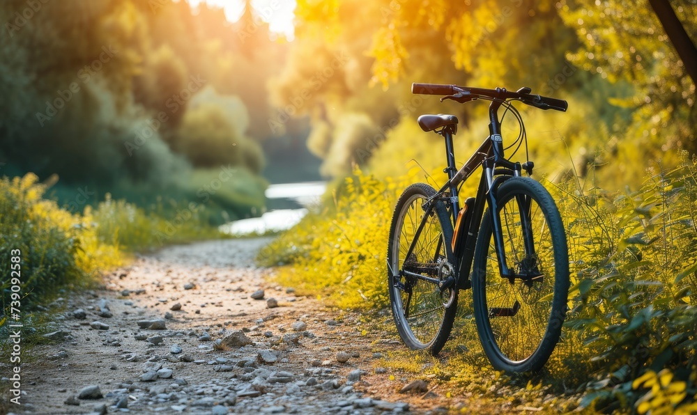 Obraz premium Bicycle Parked Along Sunlit Forest Path