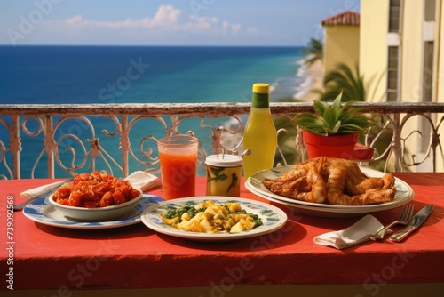 Cuban cuisine on a colorful balcony with Caribbean sea views.