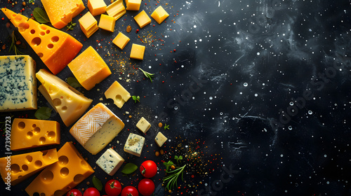 various cheese types to form whimsical constellations against a dark space backdrop, background for designer's work with space for text cheese photo