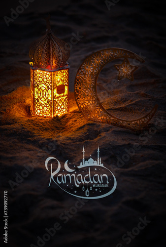 Glowing lantern lamp with crescent moon on sandy beach, Ramadan Mubarak greeting poster image
