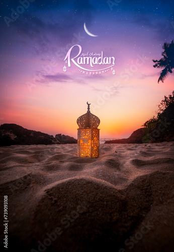 Ramadan greeting poster image, Beautiful lantern lamp on the beach with crescent moon on the night sky, 2024 Ramadan Kareem and Eid Mubarak photography