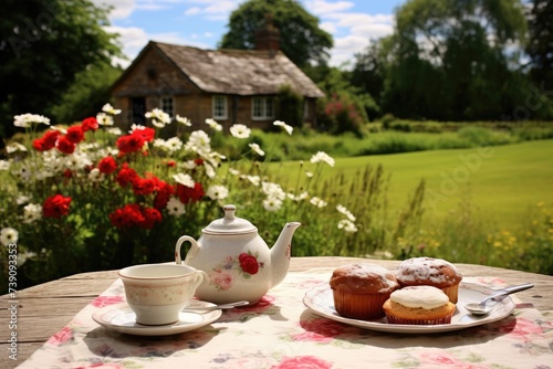 English tea and scones in a charming English cottage garden.