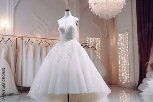 Wedding dress on a maniken in a bridal salon photo