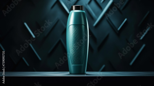 Minimalistic image of a green shampoo bottle in the center of the podium. Luxurious studio lighting. Generative AI