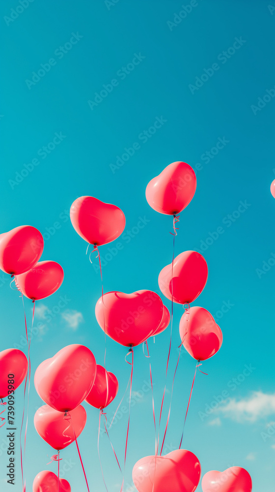 Heart-Shaped Red Balloons Soaring into the Blue Sky