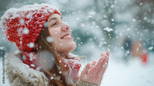 Joyful girl with snowflakes falling gently.