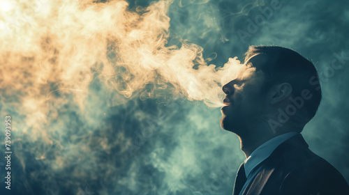 Man exhales smoke in a cold blue haze. photo