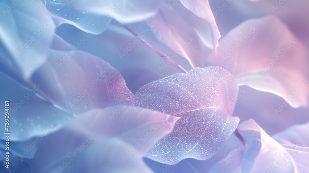 Serene Fusion: Close-up view of sycamore and birch leaves in serene lavender and pale blue.