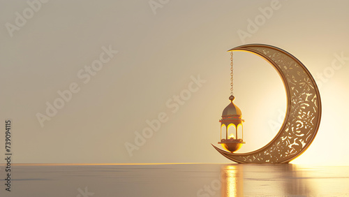 Ramadan Kareem Islamic greeting background with lantern and crescent moon with copy space area
