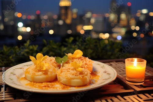 Thai mango sticky rice in a Bangkok rooftop garden with city lights.
