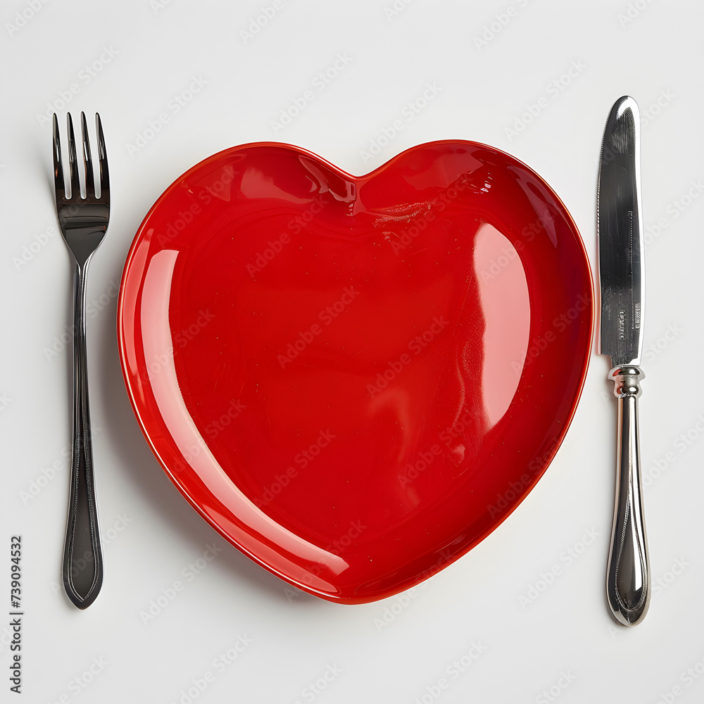 Heart shaped dinner plate with silverware on a white background Heart shaped dinner plate with silverware on a white background