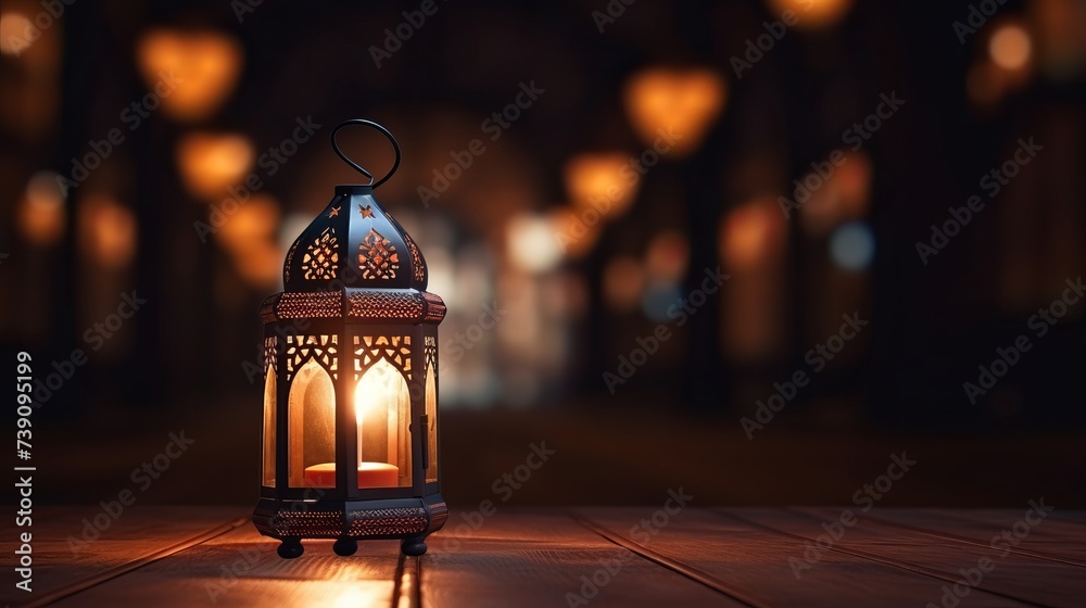 An illuminated Arabic lantern on back background An illuminated Arabic lantern on back background