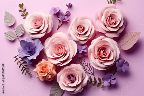Top View of Spring Roses on Violet Pastel Background. Flat Lay Style Greeting for Women s Day  Mother s Day  or Spring Sale Banner