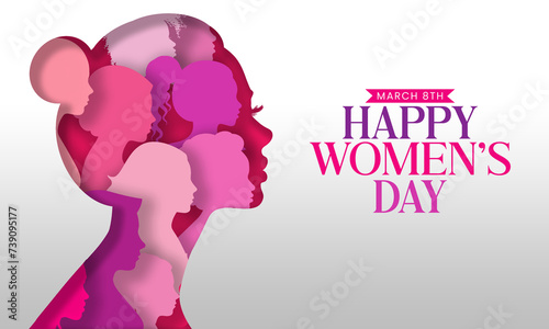 8 March Happy Women's Day Greeting card with faces of different women's