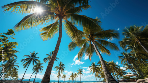 Photography showcasing paradise beach shaded by coconut trees. Amazing tropical backdrop. Generative AI