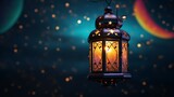An illuminated colorful ramadan lantern against blue night sky with an crescent moon
